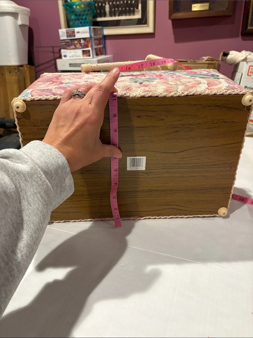 Azar Floral Pink and Green Woven Sewing Basket with Dual Handles